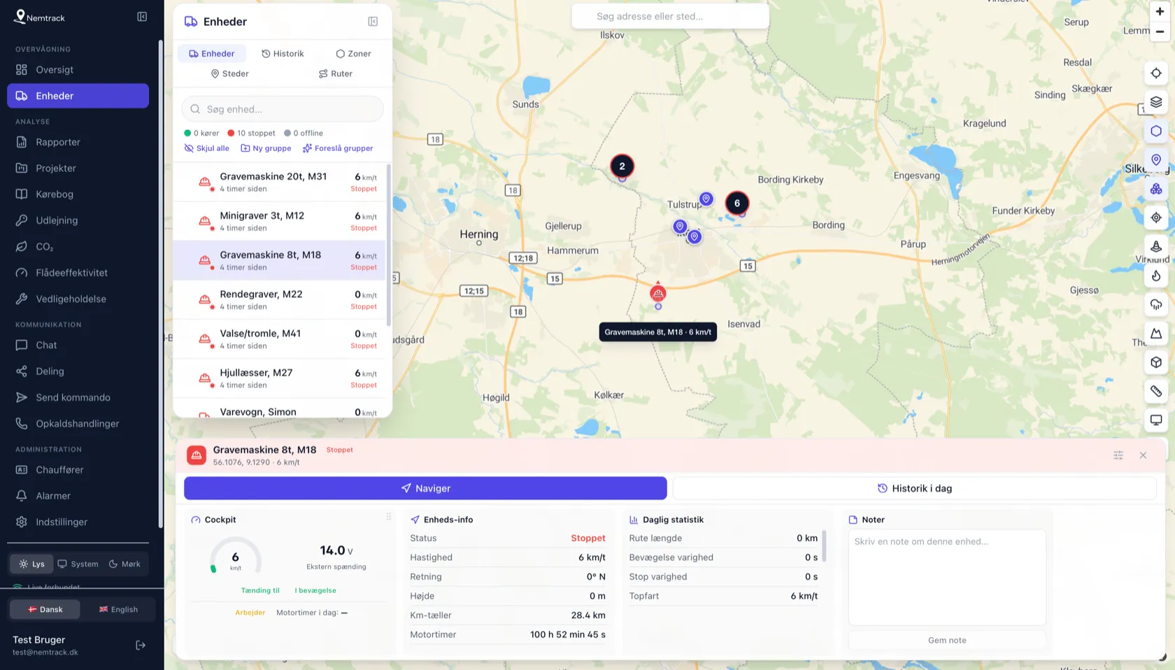 Nemtracks GPS-kort med køretøjer og oplysninger om den valgte enhed
