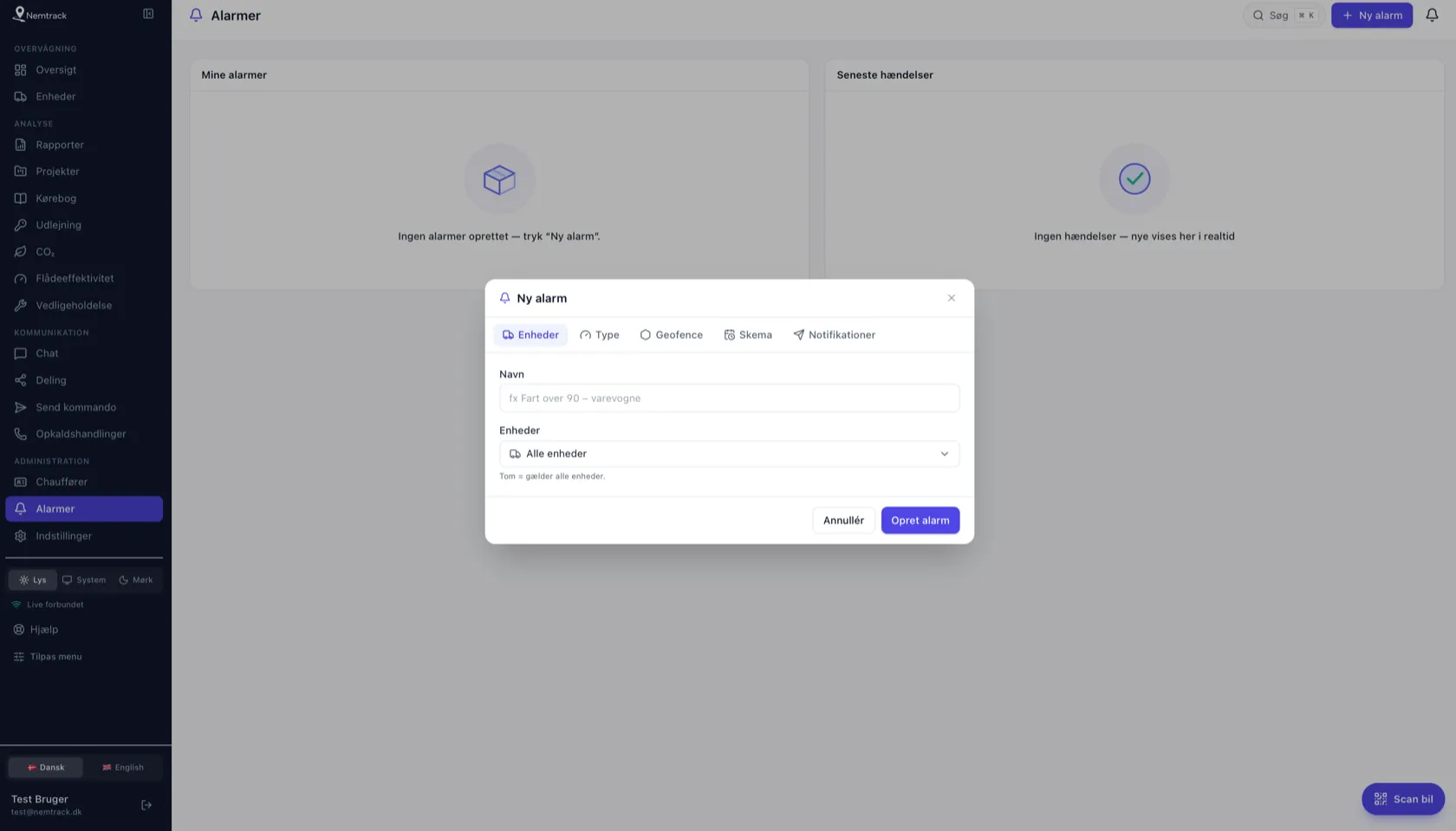 Nemtrack alarm-opsætning med geofence, skema og notifikationer