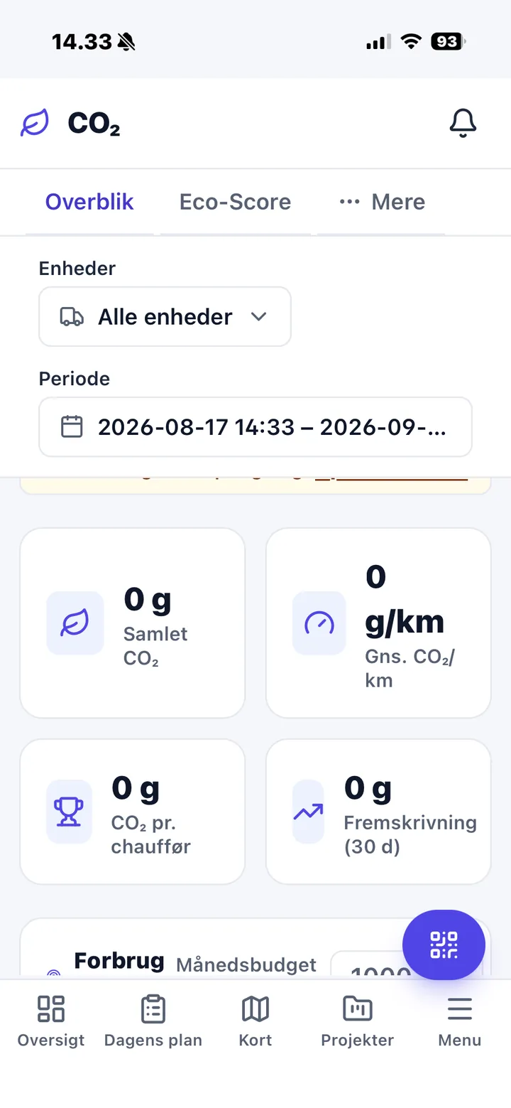 Nemtrack app med CO₂-overblik, samlet udledning og gennemsnit pr. kilometer