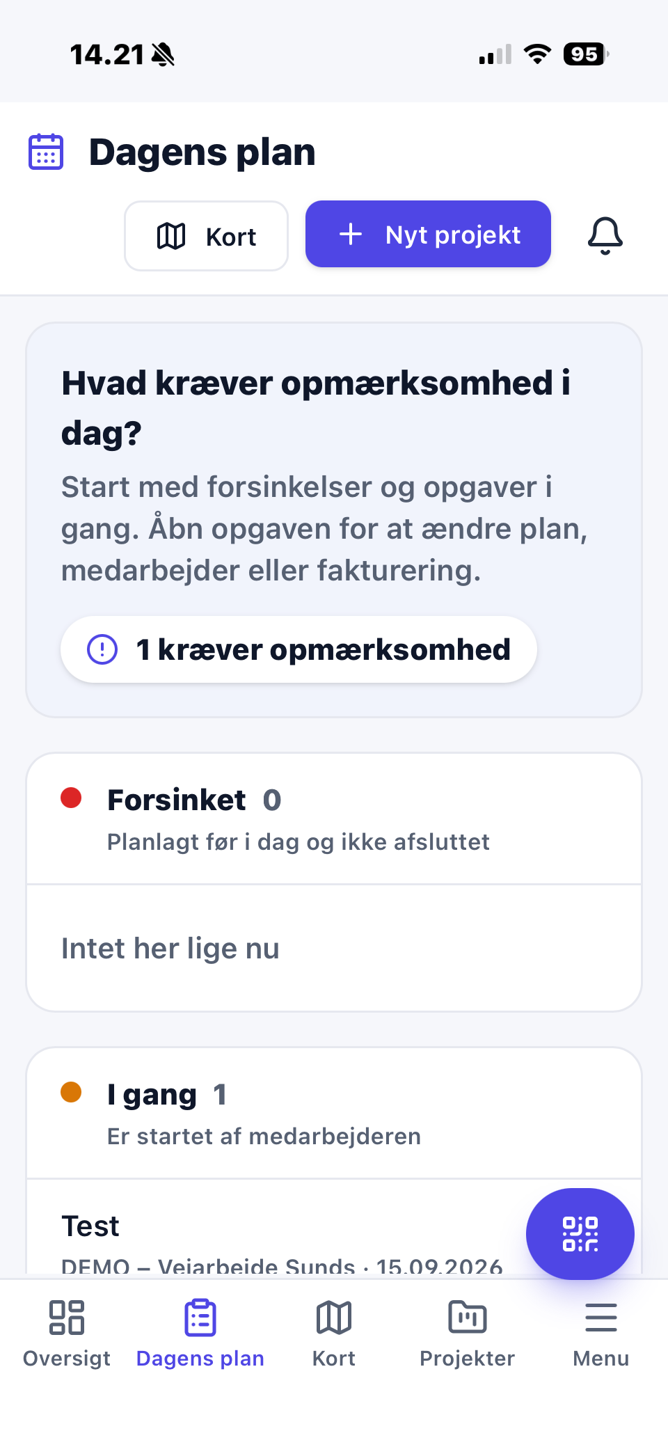 Nemtrack app med dagens plan og opgavestatus