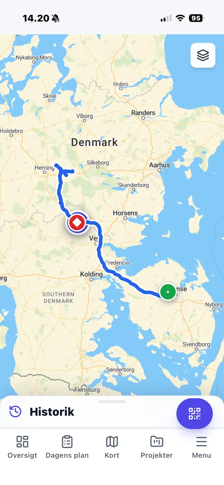 Skærmbillede fra Nemtrack-appen med en kørt rute