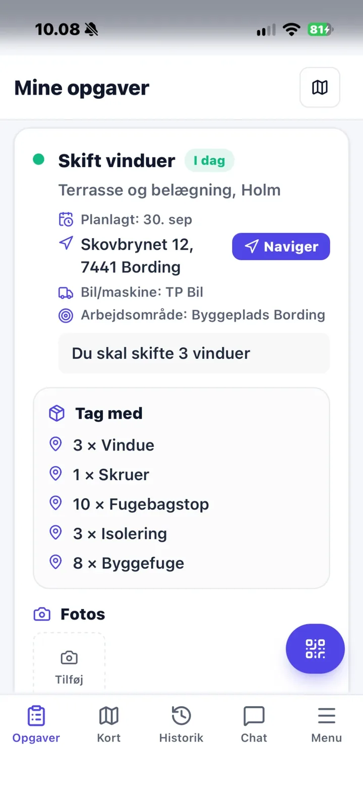 Montørens opgave i Nemtrack-appen med adresse, navigation og liste over hvad der skal med