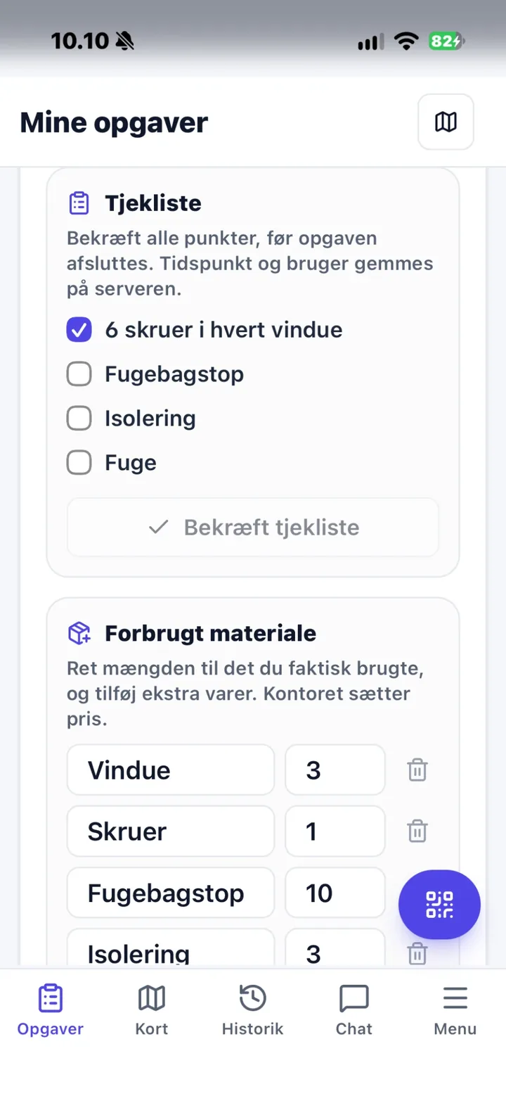 Tjekliste og forbrugt materiale på en opgave i Nemtrack-appen