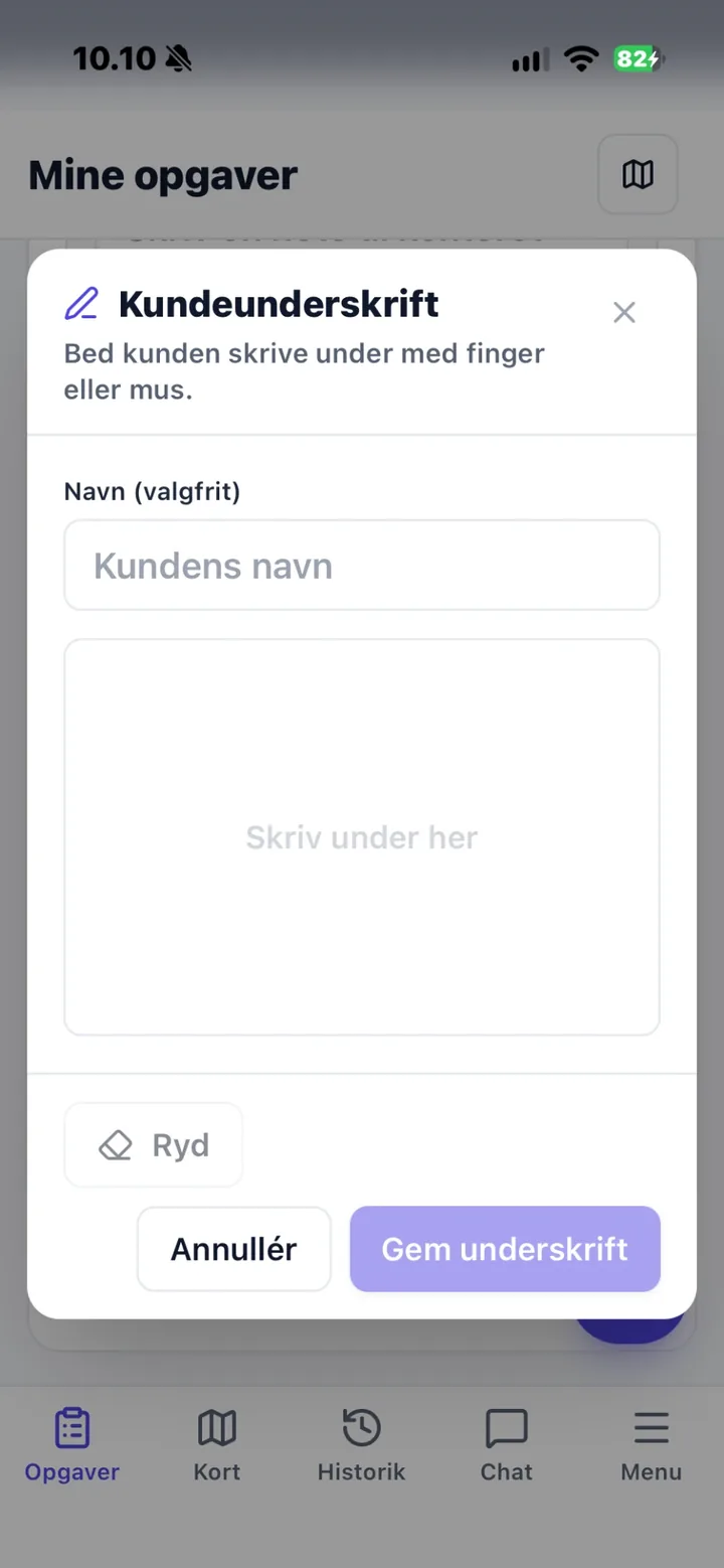 Kundens underskrift på telefonen i Nemtrack-appen