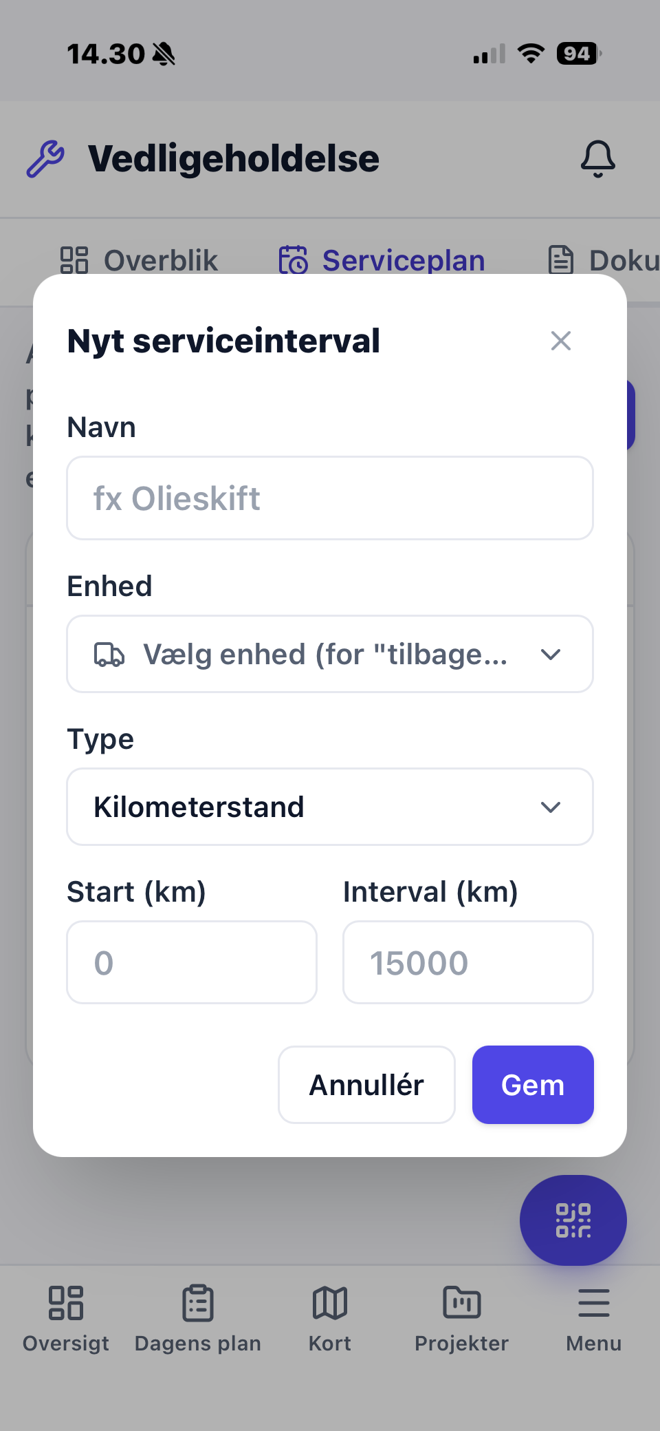 Nemtrack app med oprettelse af nyt serviceinterval