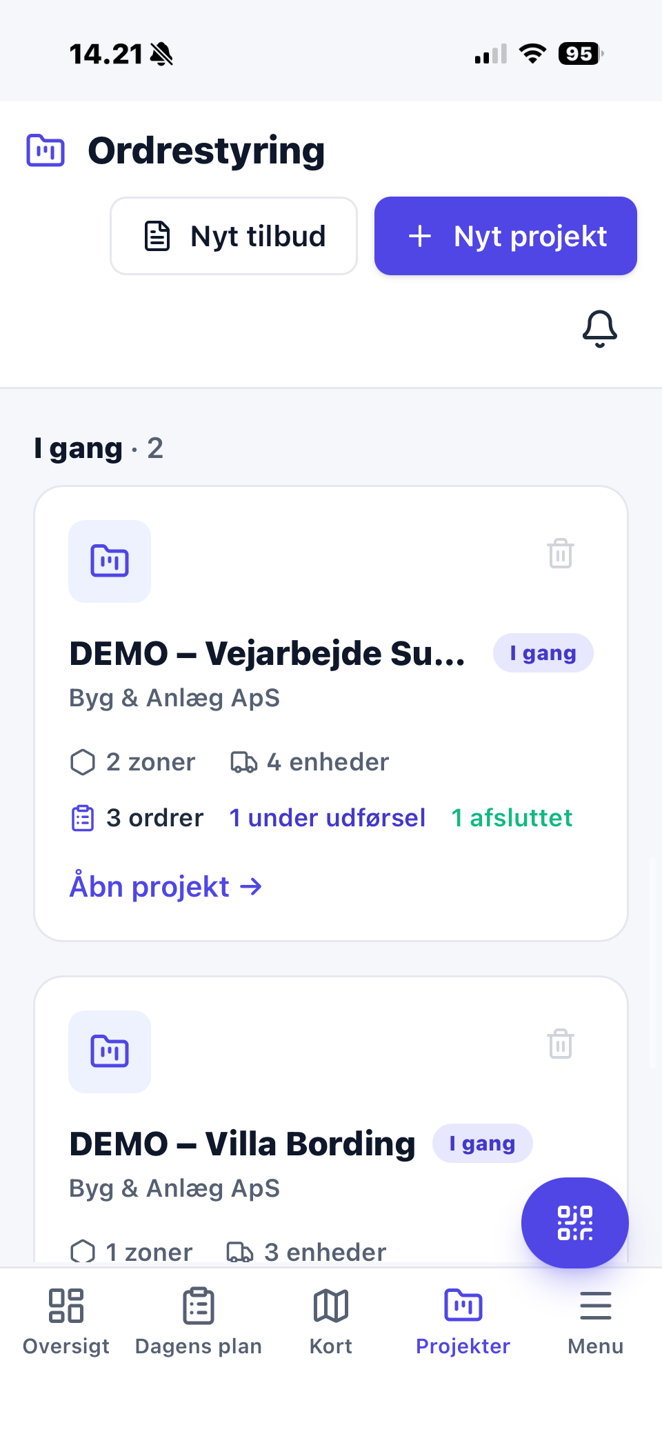 Nemtrack app med aktive sager, zoner og enheder