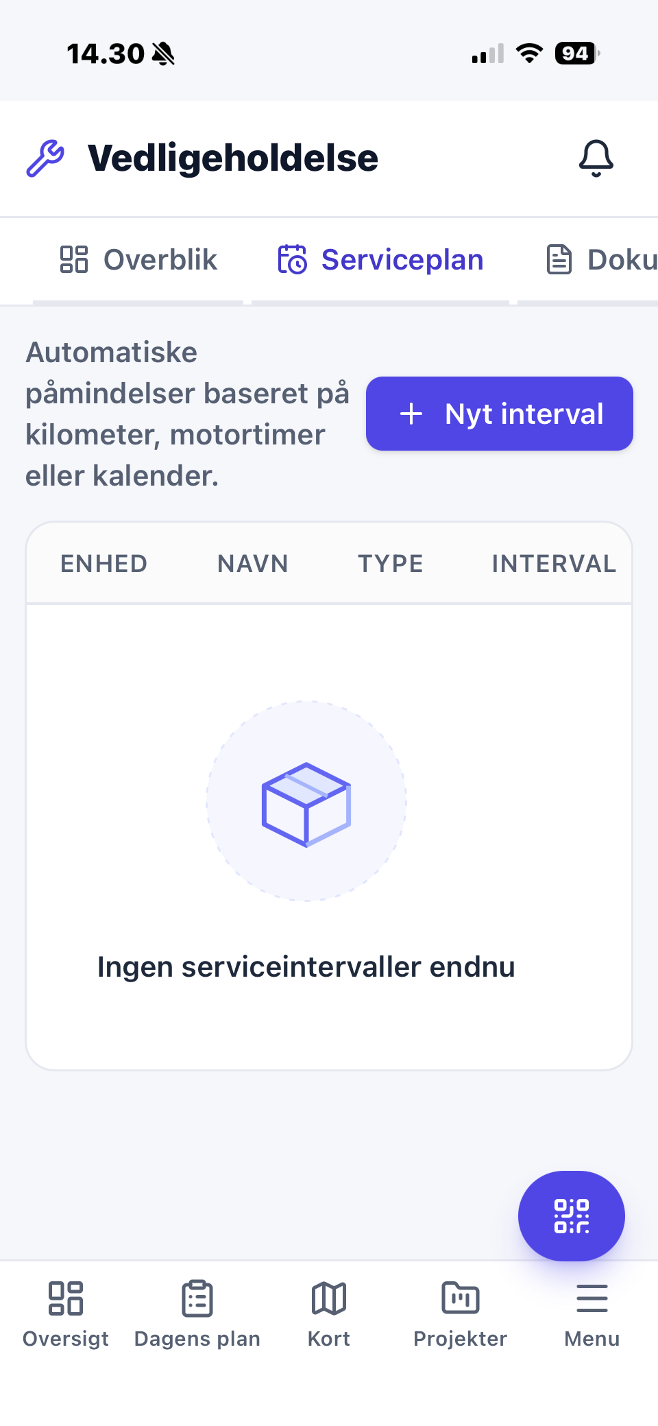 Nemtrack app med serviceplan baseret på kilometer, motortimer eller kalender