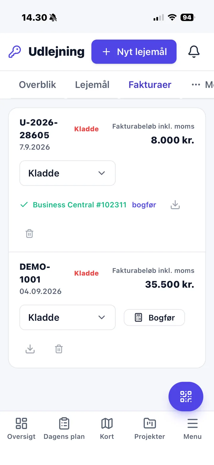 Nemtrack app med fakturaer fra udlejning og bogføringsstatus