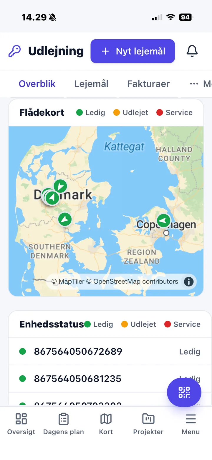 Nemtrack app med udlejningsflådekort og enhedsstatus