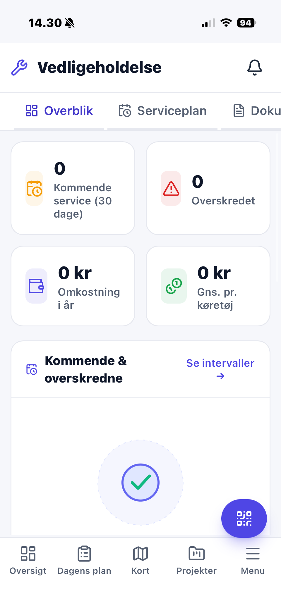 Nemtrack app med overblik over kommende og overskredet service