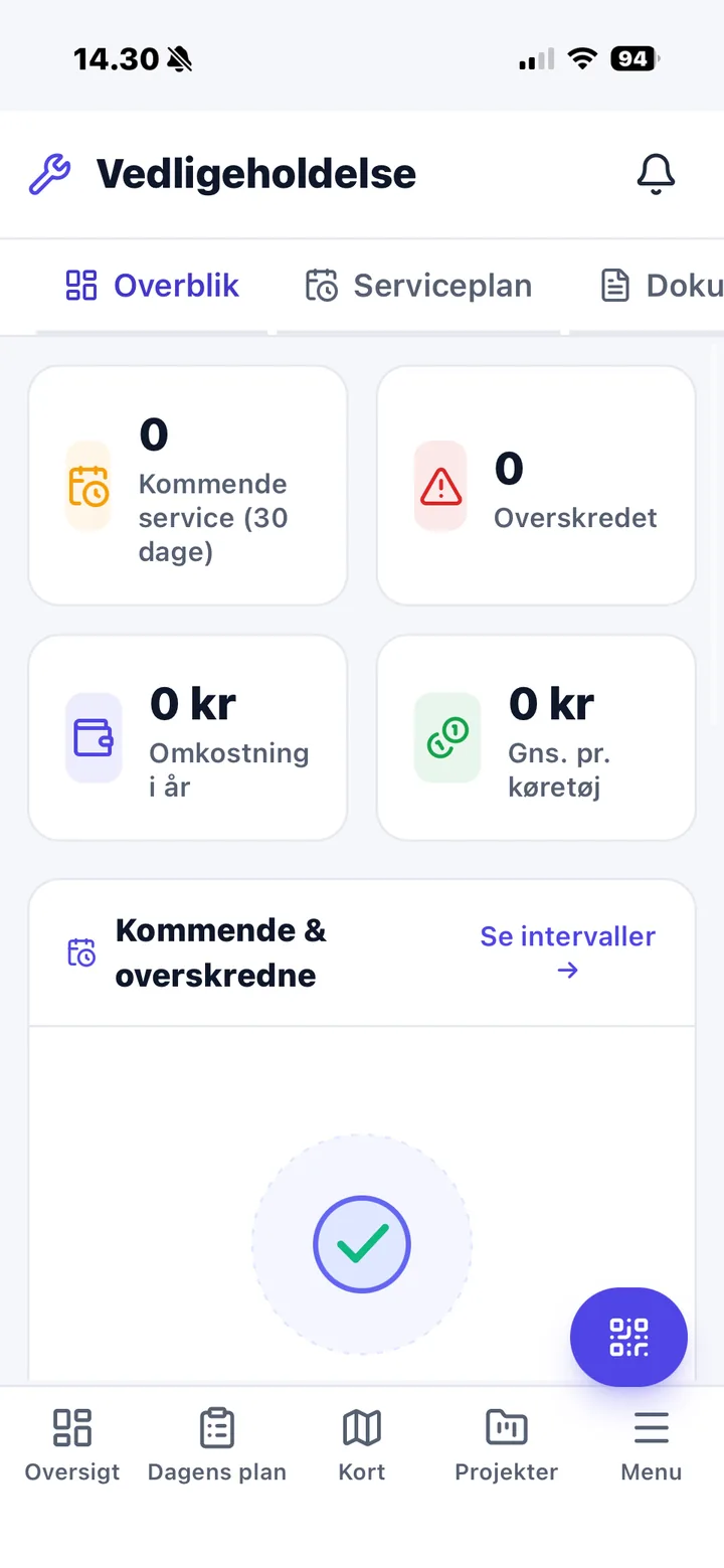 Nemtrack app med kommende service og vedligeholdelse