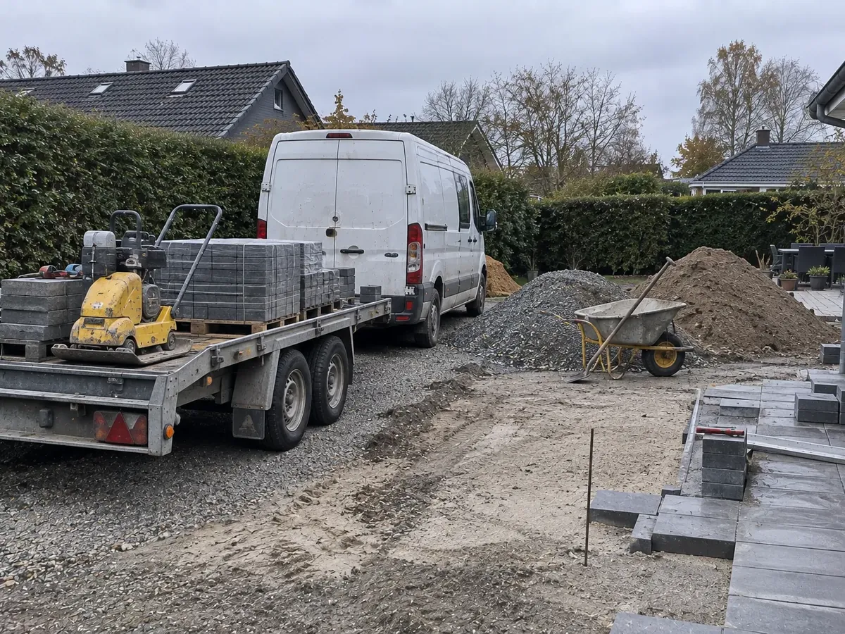 Trailer med pladevibrator og fliser ved en have under anlæg