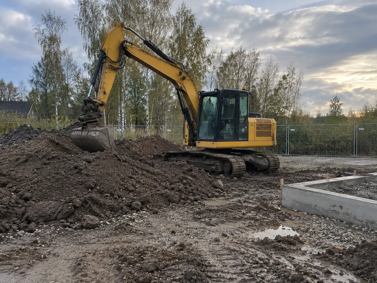 Gravemaskine ved et betonfundament på en mudret byggeplads