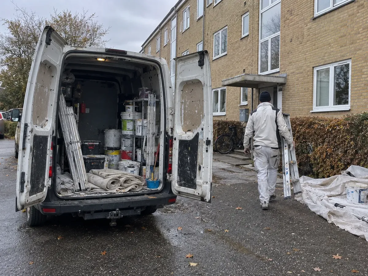 Maler med stige ved en varevogn med malerspande foran en boligblok