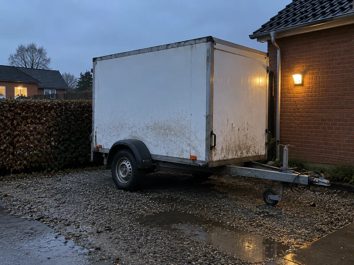 Kassetrailer parkeret i en grusindkørsel ved et parcelhus om aftenen