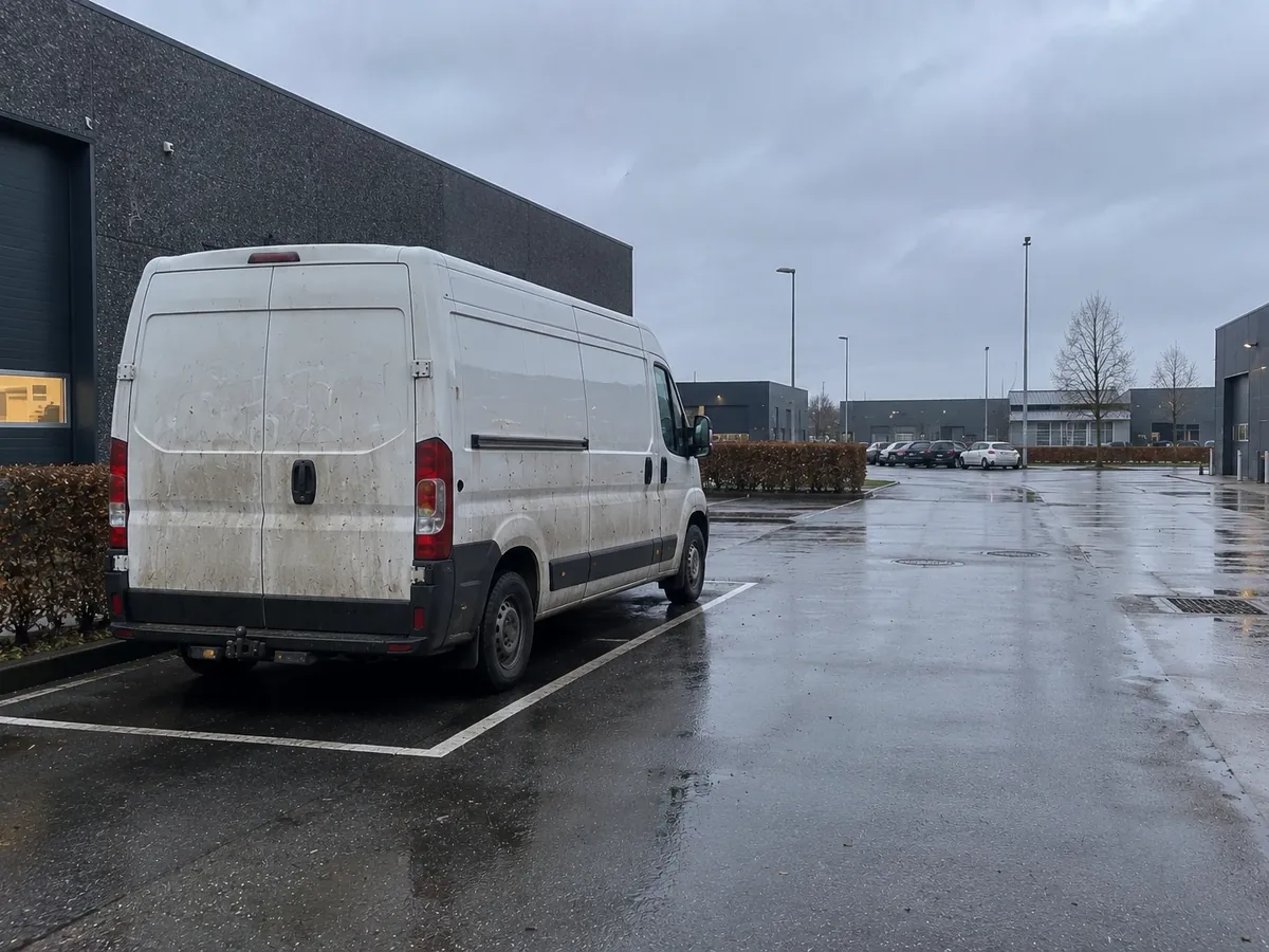 Varevogn parkeret på et vådt erhvervsområde